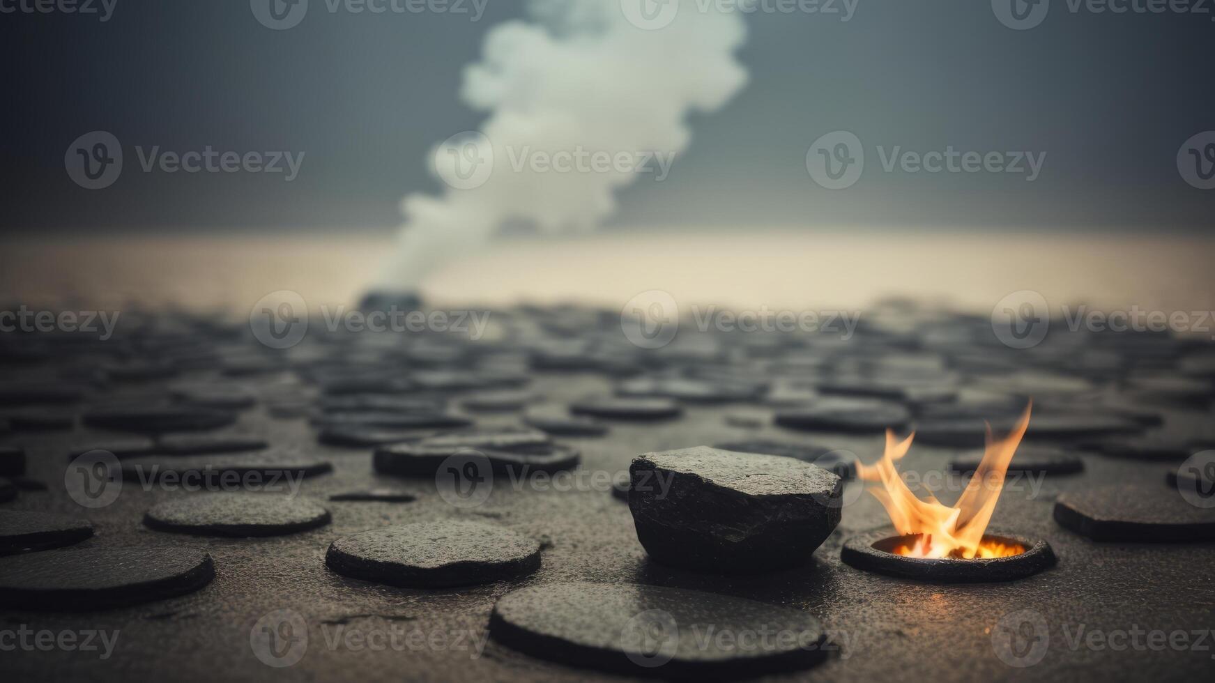 Abstract minimal concept. Dark background with natural granite stones podium on water and smoke surrounding. photo