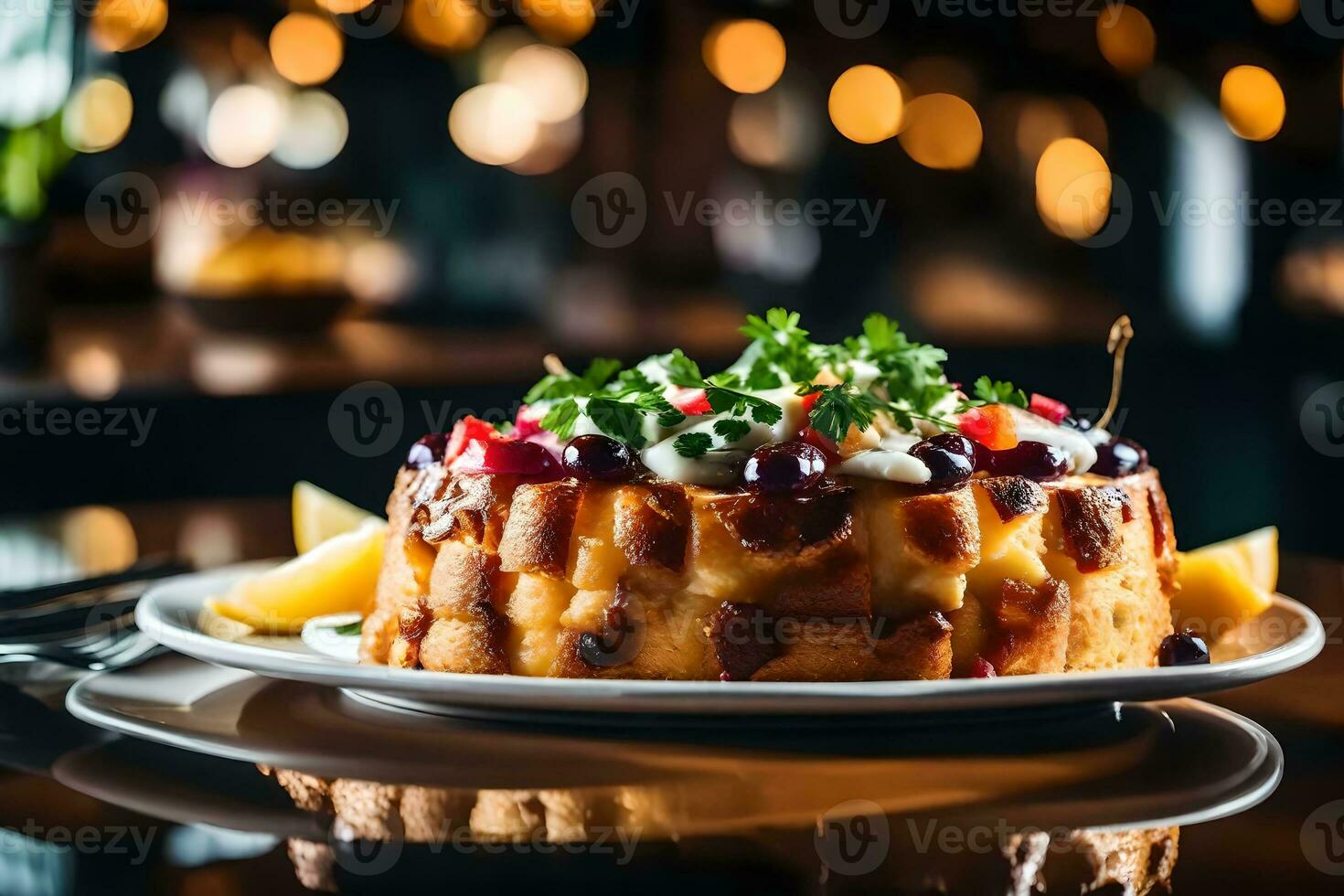 Mira a capirotada, un sabroso plato, a un bonito restaurante cerca ai generado foto