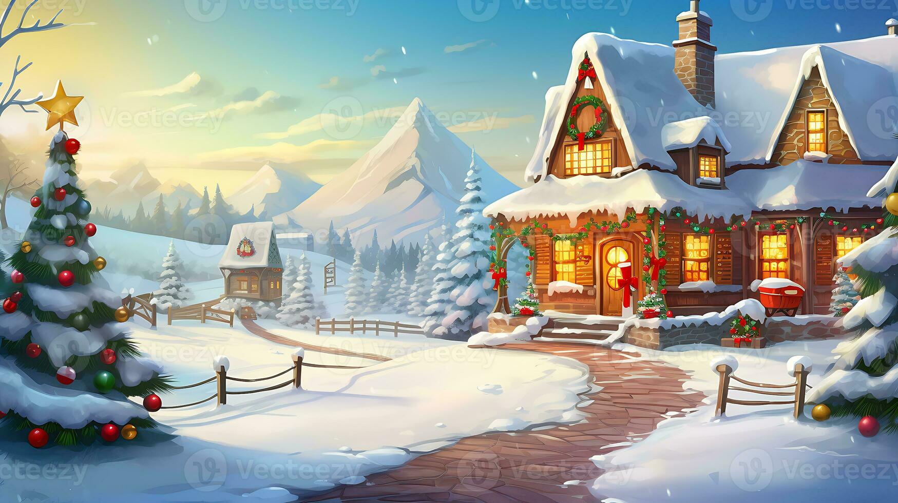 Christmas snow beautiful house generated by Ai photo