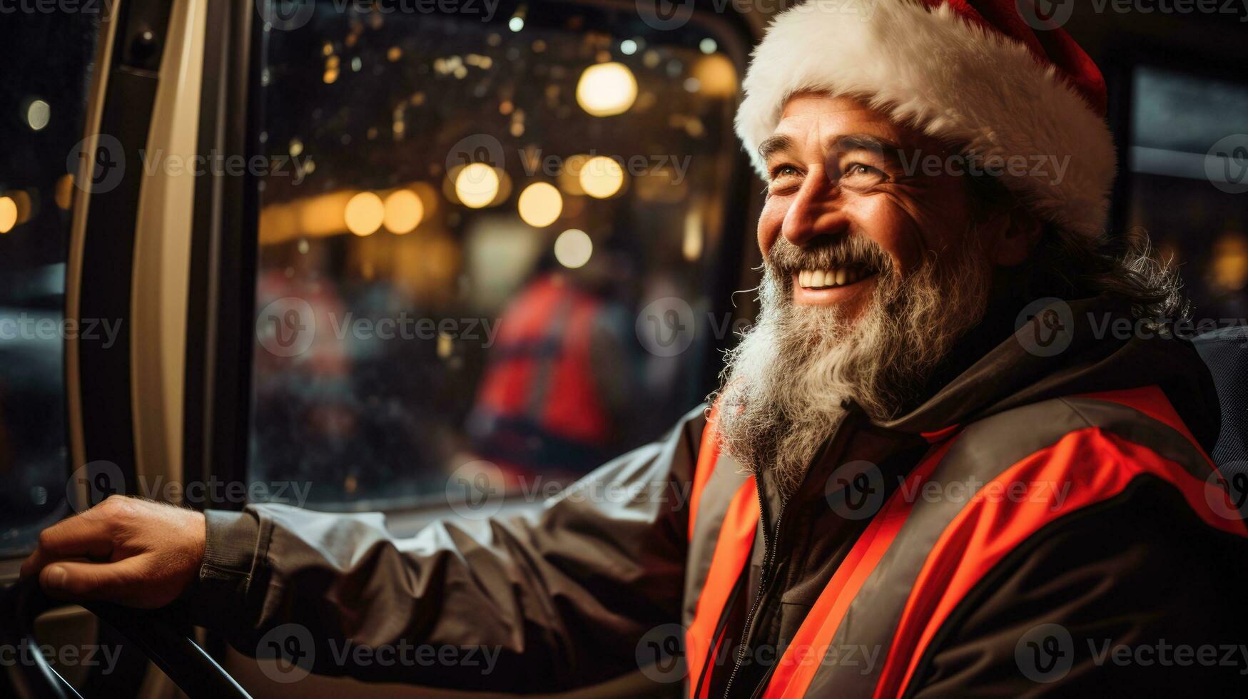 Bus driver in festive New Years uniform cheerfully guiding holiday tour passengers photo