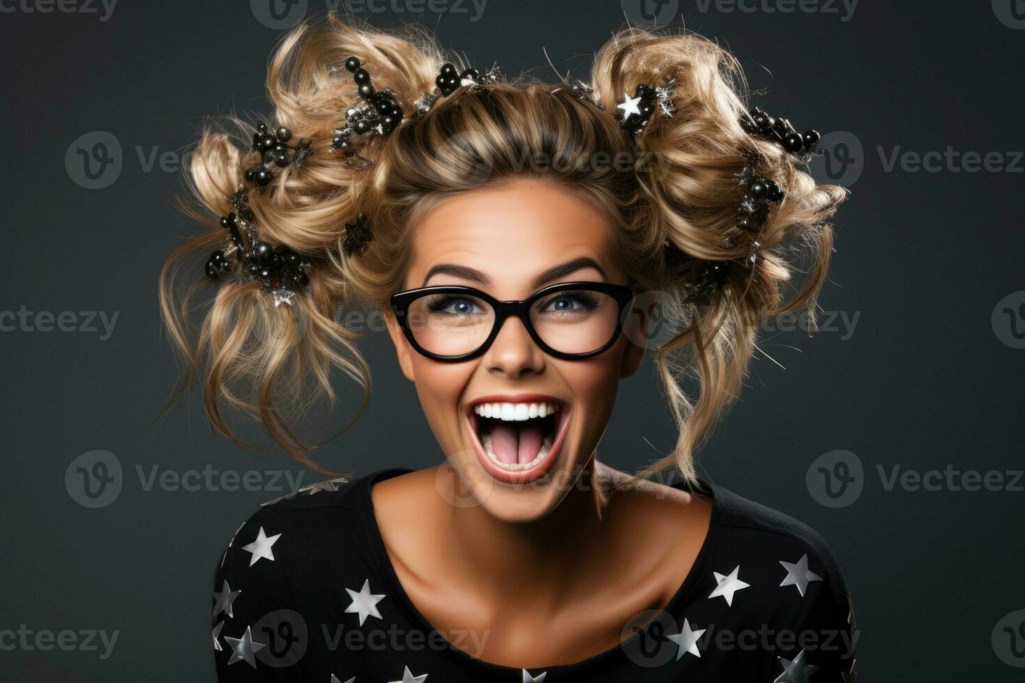 Hairstylist in New Years attire creating festive hairstyles isolated on a white background photo