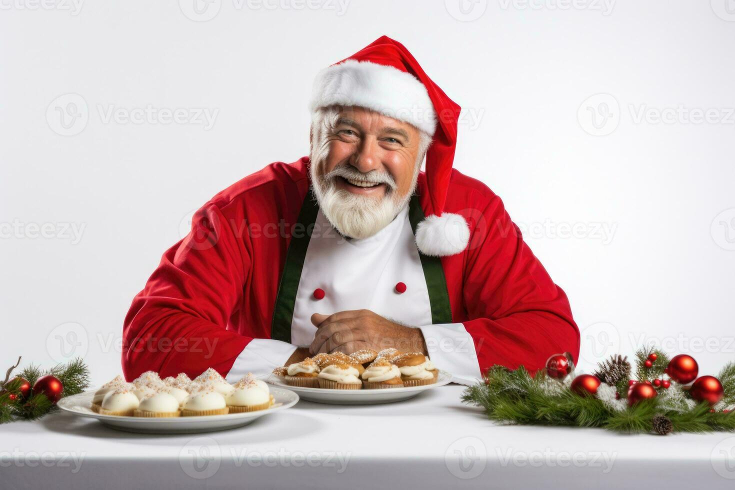 Chef in New Years attire preparing a holiday dinner isolated on a white background photo