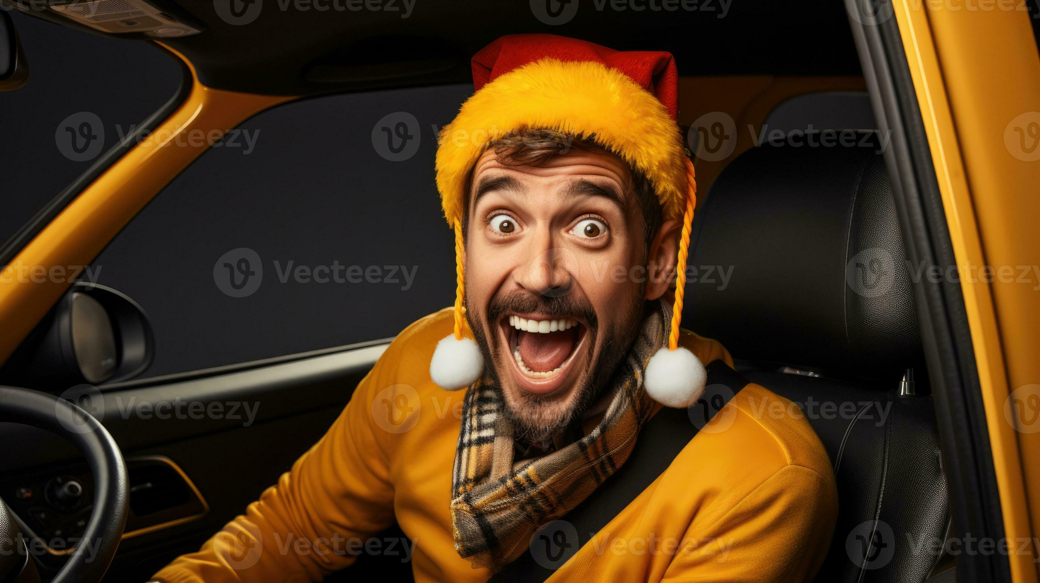 Taxi driver in festive attire driving decorated cab isolated on a 