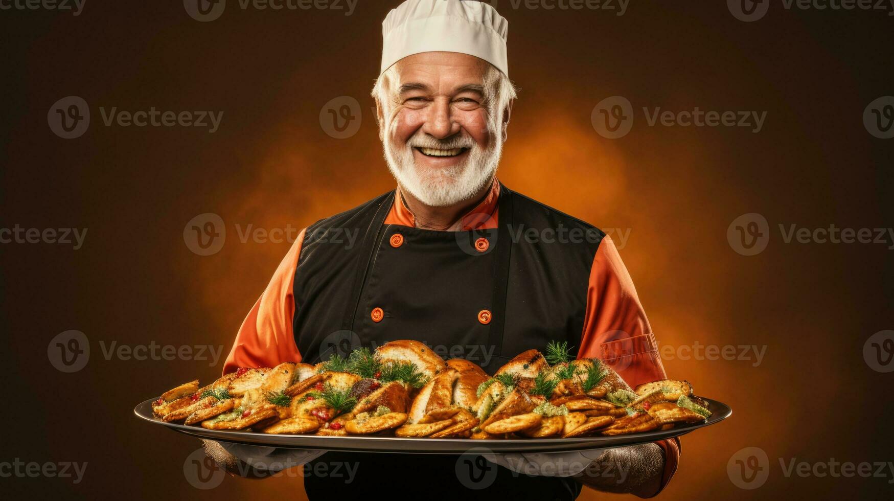 un cocinero en nuevo años atuendo Cocinando fiesta cena aislado en un degradado antecedentes foto