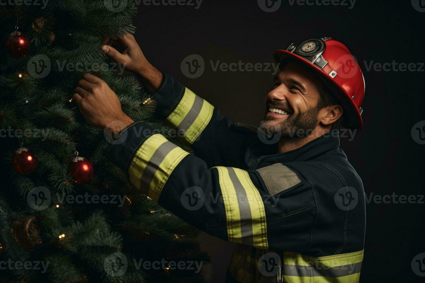 A firefighter in New Years uniform decorating a Christmas tree isolated on a gradient background photo