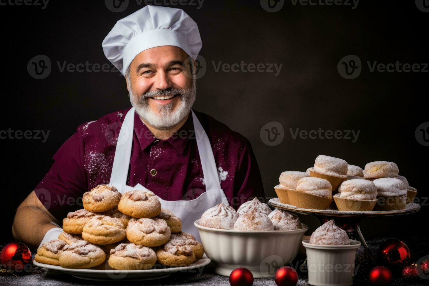 A baker preparing holiday pastries in New Years attire isolated on a gradient background photo