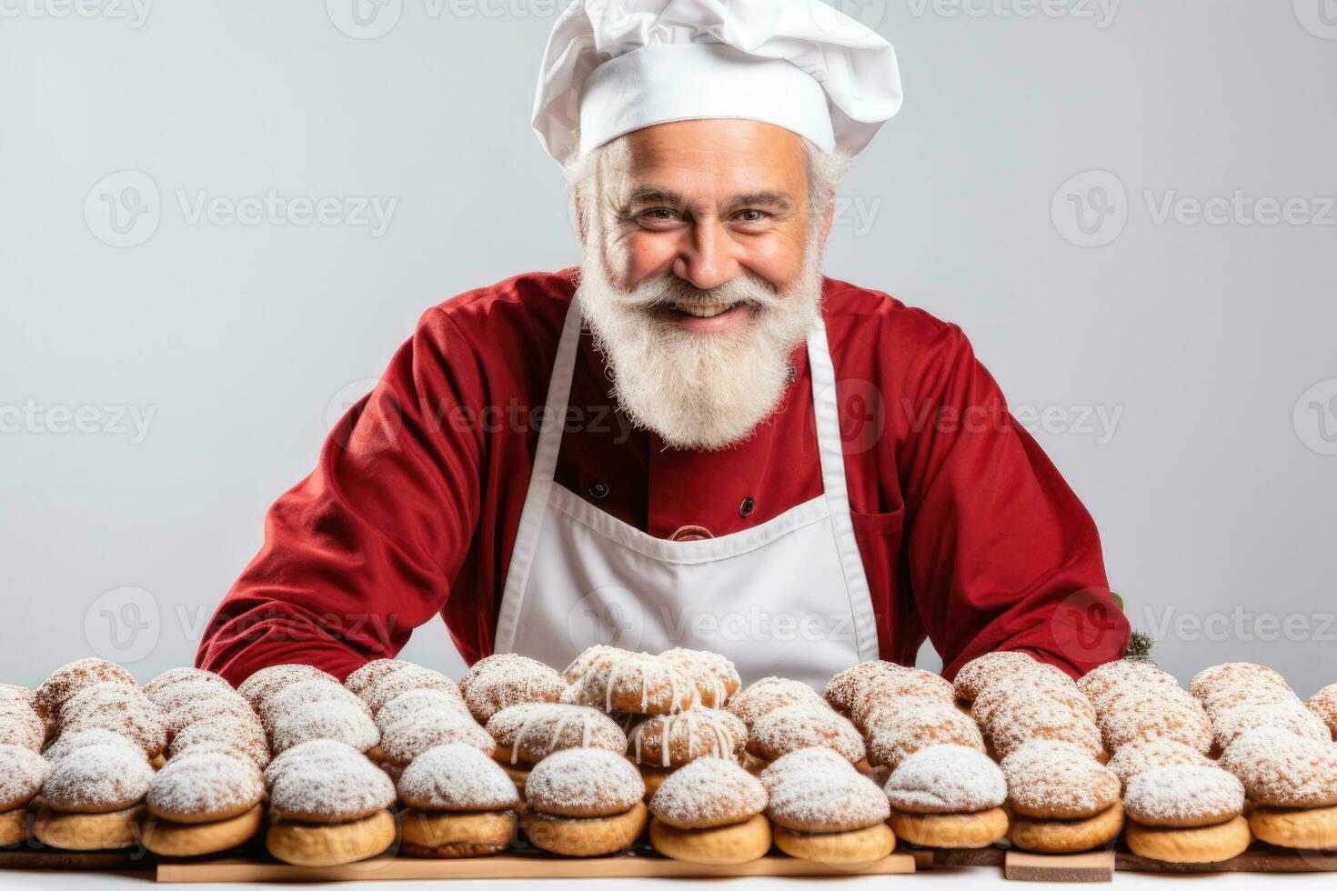 Baker crafting holiday pastries in New Years attire isolated on a white background photo