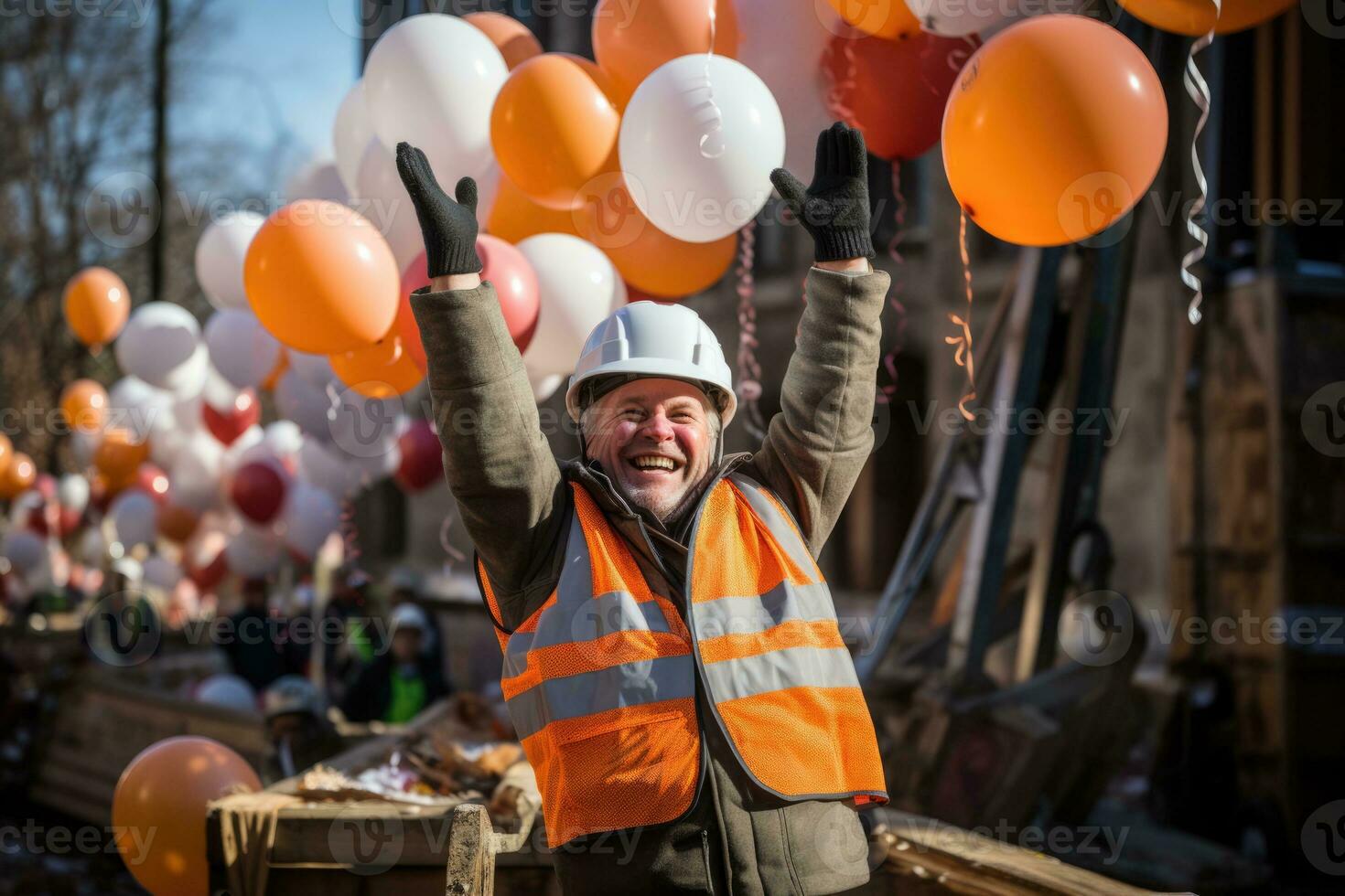 Construction worker in New Years attire cheerfully decorating the site photo