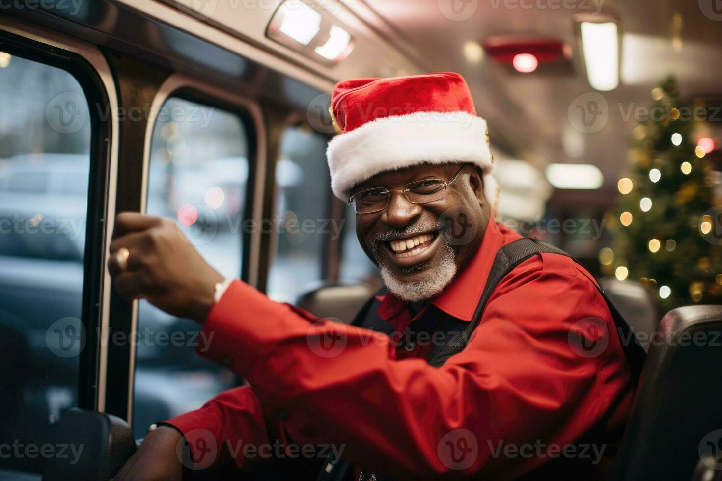 Bus driver in festive New Years uniform cheerfully guiding holiday tour passengers photo