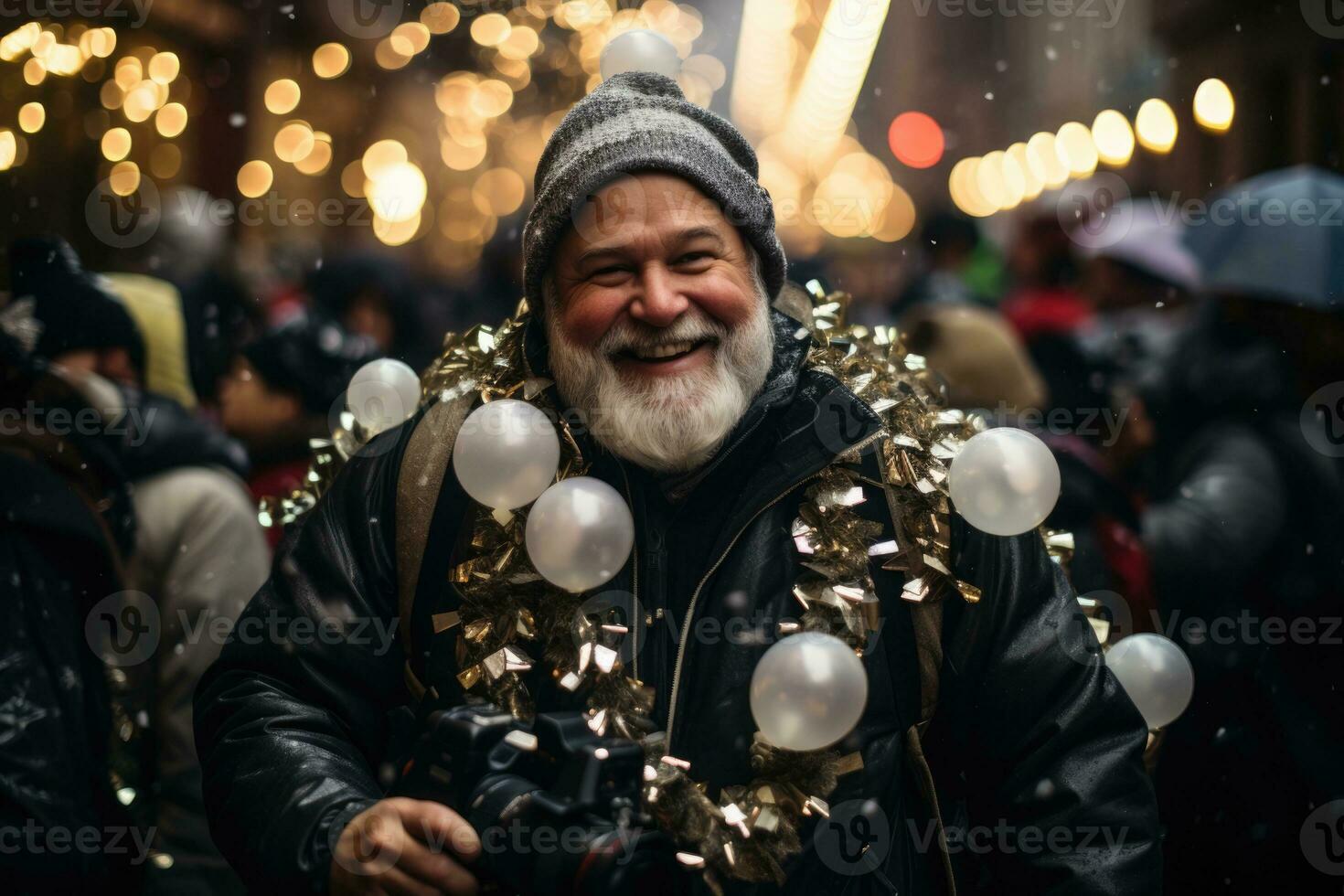 Photographer in festive attire capturing the joy of New Years celebrations photo
