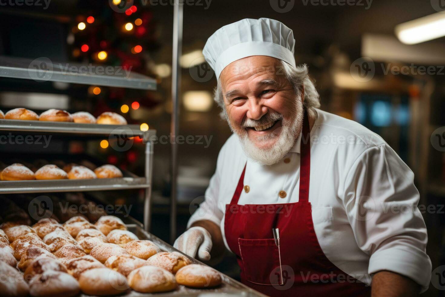 Baker in New Years attire joyfully creating festive holiday pastries photo