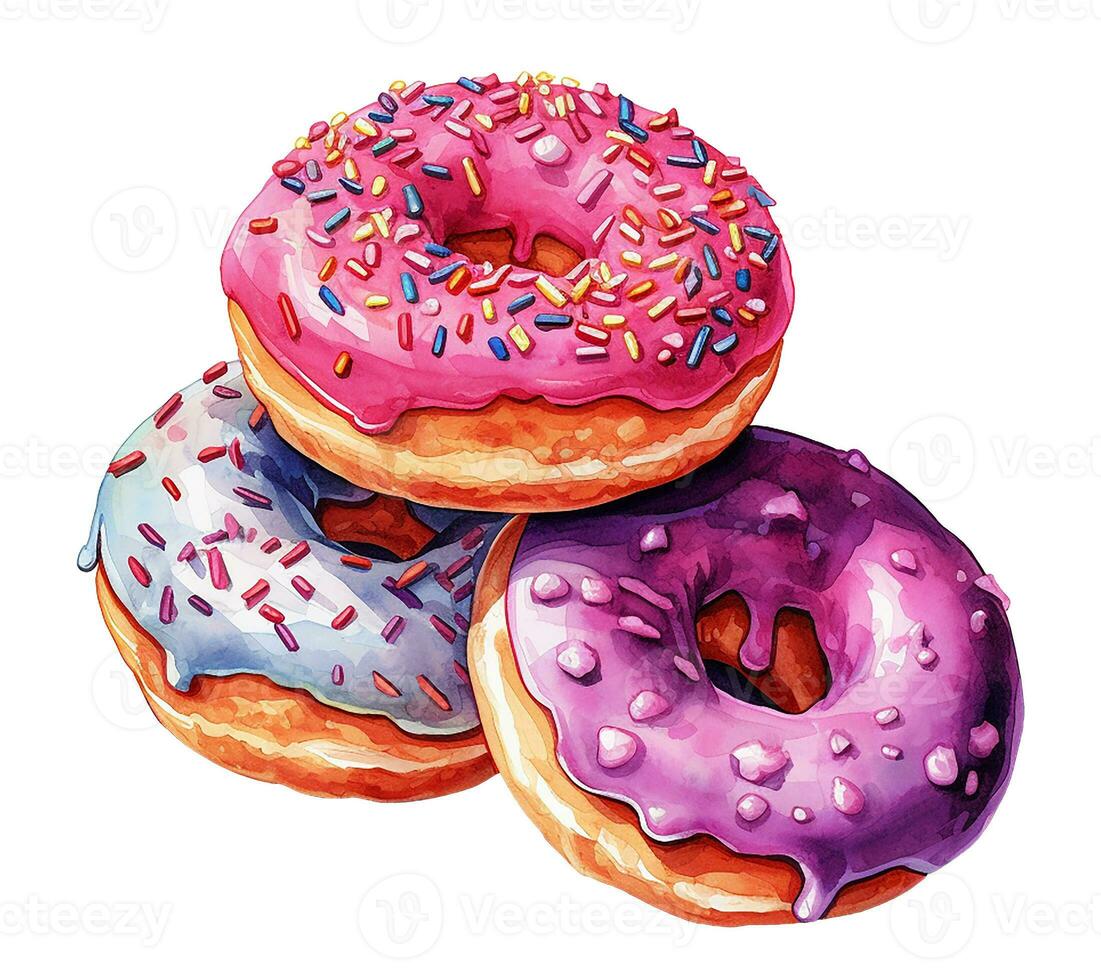 watercolor drawing, sweet donuts. dessert, pastries, donuts with glaze, strawberries and chocolate. AI generated photo
