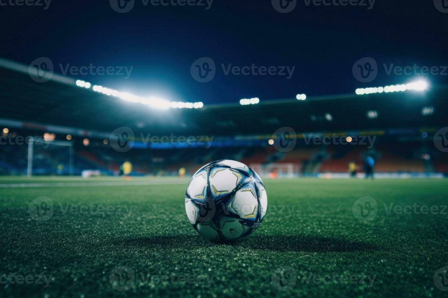 Soccer ball on green grass at sport stadium. Generative AI photo