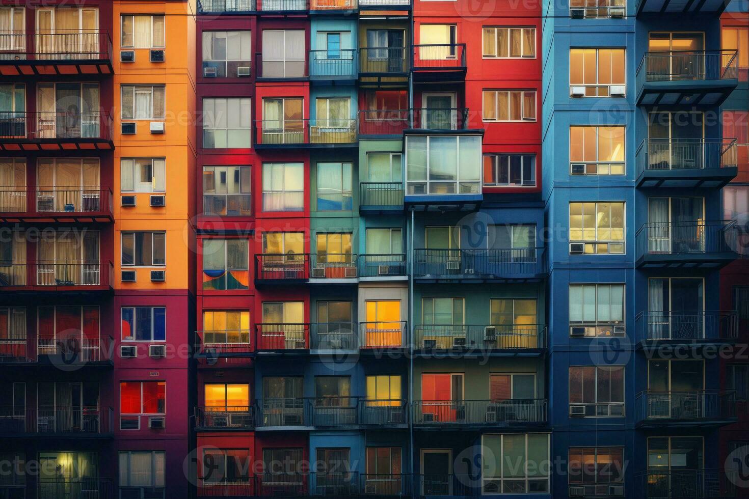 Colored residential building facade with balconies. Generative AI photo