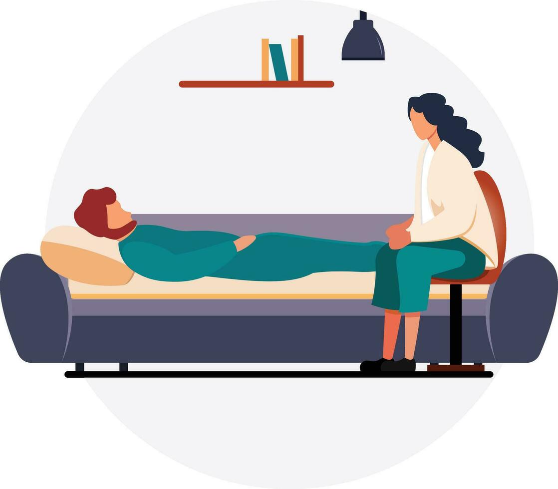 Patient lying on the sofa by the therapist, flat style vector illustration, Patient on the bed or sofa next to a therapist, therapy session flat style stock vector image