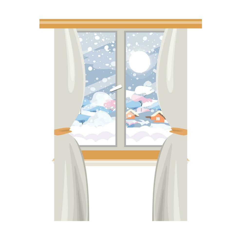 Window with curtains. Winter landscape behind the window. Cozy home. Flat vector illustration.