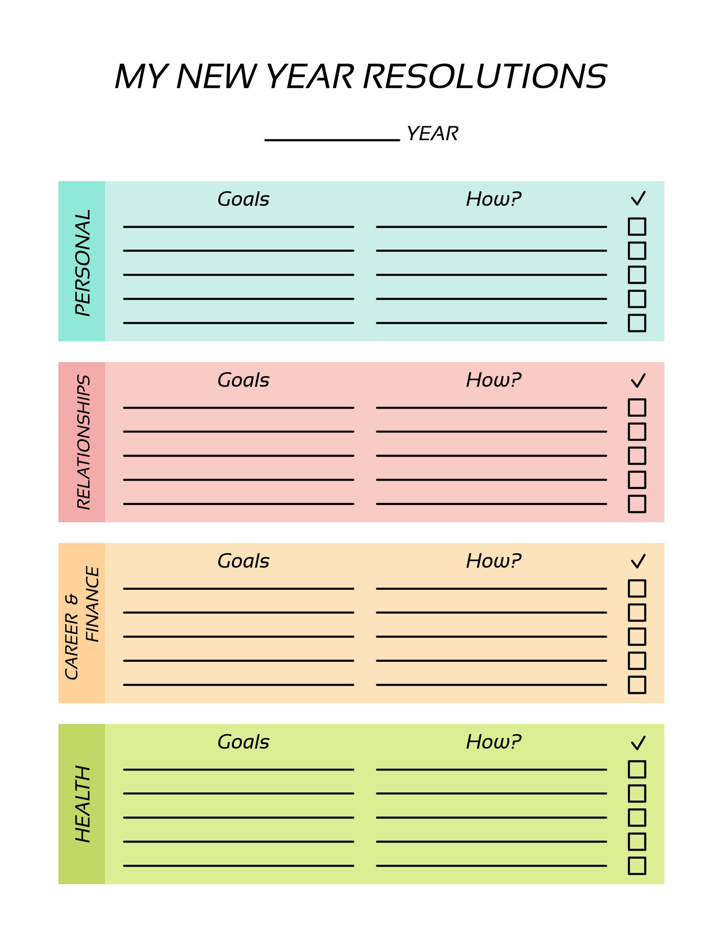 New Year resolutions template Goals list worksheet Vector blank page