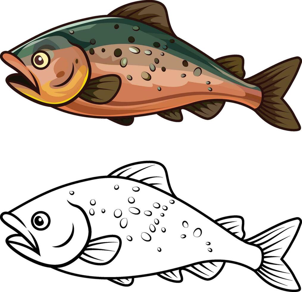 salmón pescado dibujos animados estilo vector ilustración, salmónidos, eurihalino rayo con aletas pescado de colores y negro y blanco línea Arte valores vector imagen