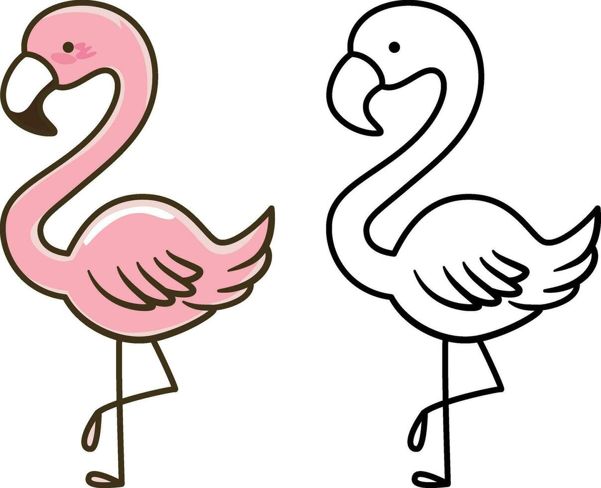 Cute Flamingo doodle style vector illustration, phoenicopterus , ruber bird, finch doodle cartoon style colored and black and white line art for coloring book stock vector image