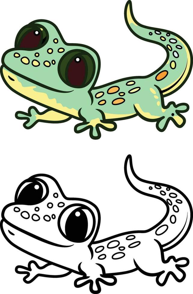 Cute Gecko lizard doodle style vector illustration, Gecko chamaeleon doodle cartoon style colored and black and white line art for coloring book stock vector image