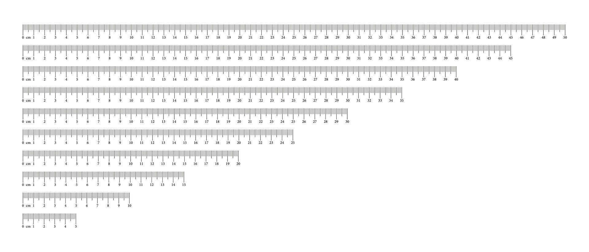 Charts measuring collection. 5, 10, 15, 20, 25, 35, 40, 45, 50 centimeters. Length measurement math, distance, height, sewing tool. Set templates rulers scale with numbers. Vector outline illustration