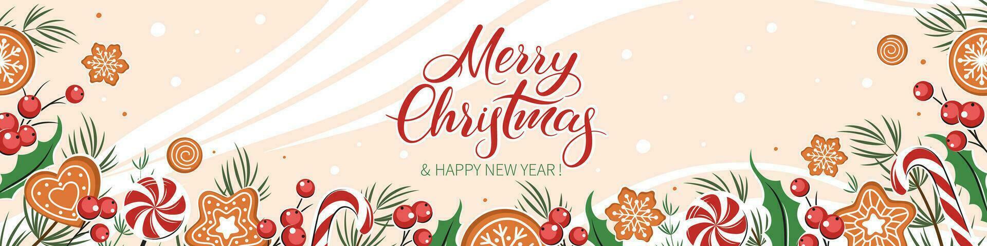 fondo de feliz navidad y feliz año nuevo. tarjeta decorada con diferentes plantas de invierno, galletas y dulces. ilustración vectorial vector