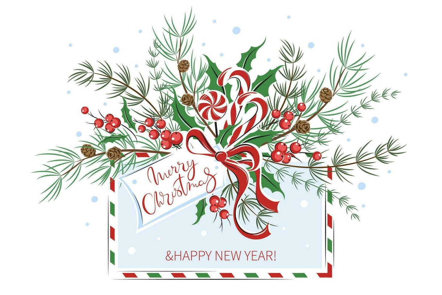 Merry Christmas and a happy new year. Card with with envelope, traditional candies  and decorations. Winter holidays design elements for background, banners or posters. Vector illustration