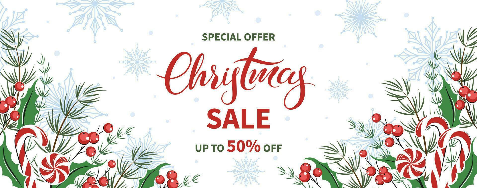 Christmas sale horizontal banner, background decorated with different winter plants, cookies and sweets background. Vector illustration