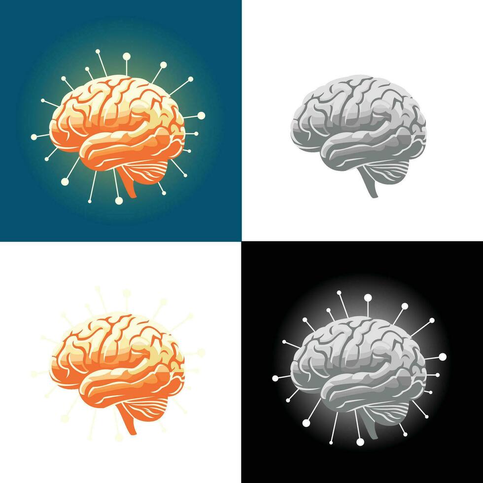 Glowing brain symbolizing the fusion of human intelligence and artificial intelligence vector illustration, set of human brains in different styles stock vector image