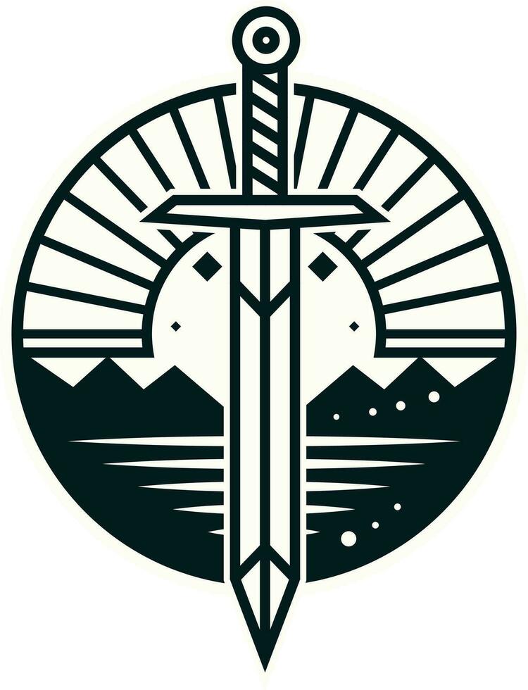 Sword logo line doodle style vector illustration, Sword mountain and sunrays or sunbeams circle shaped vector logo template stock vector image