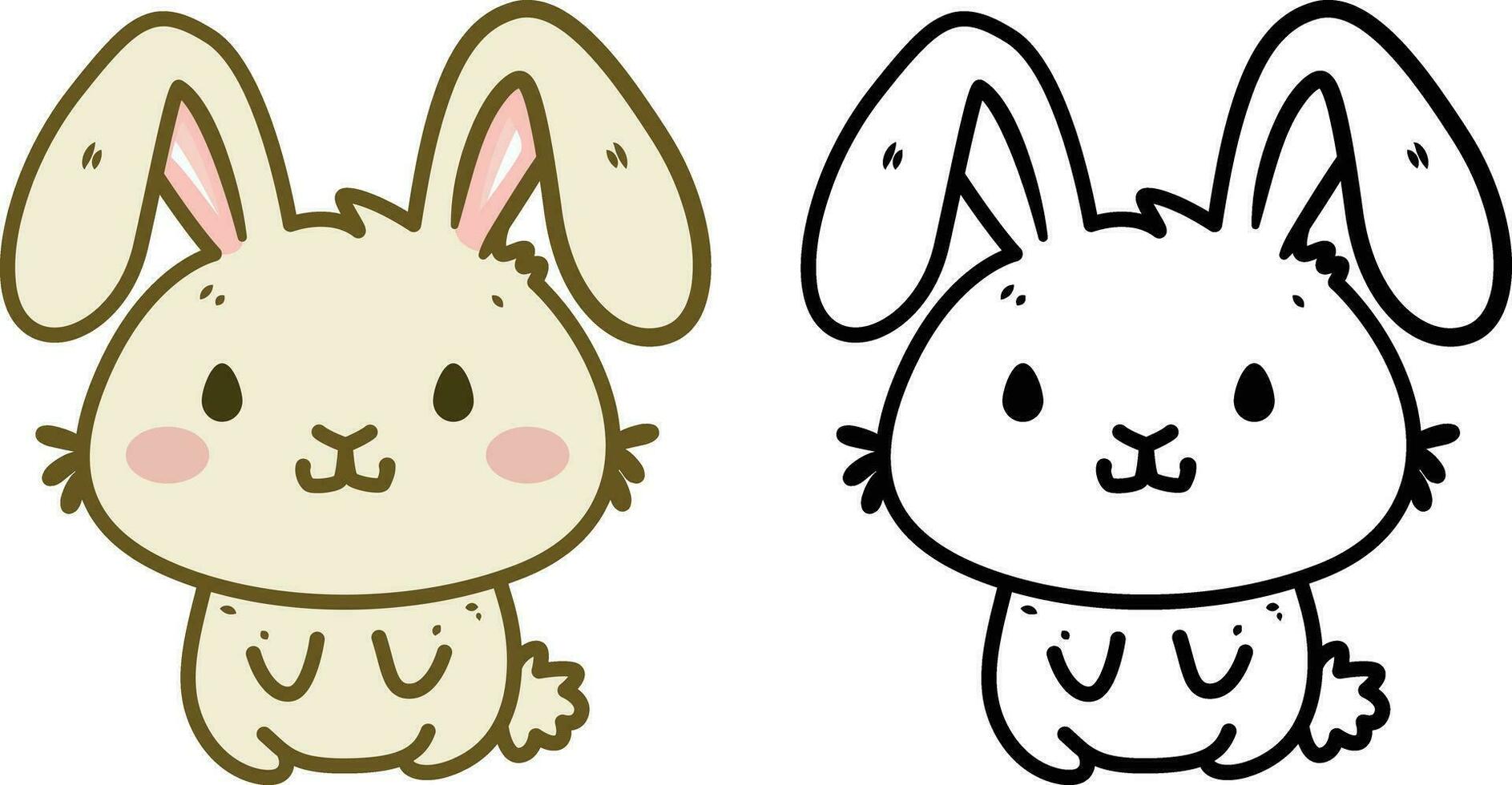 Cute rabbit doodle style vector illustration, Cute bunny cartoon doodle style colored and black and white line art stock vector image
