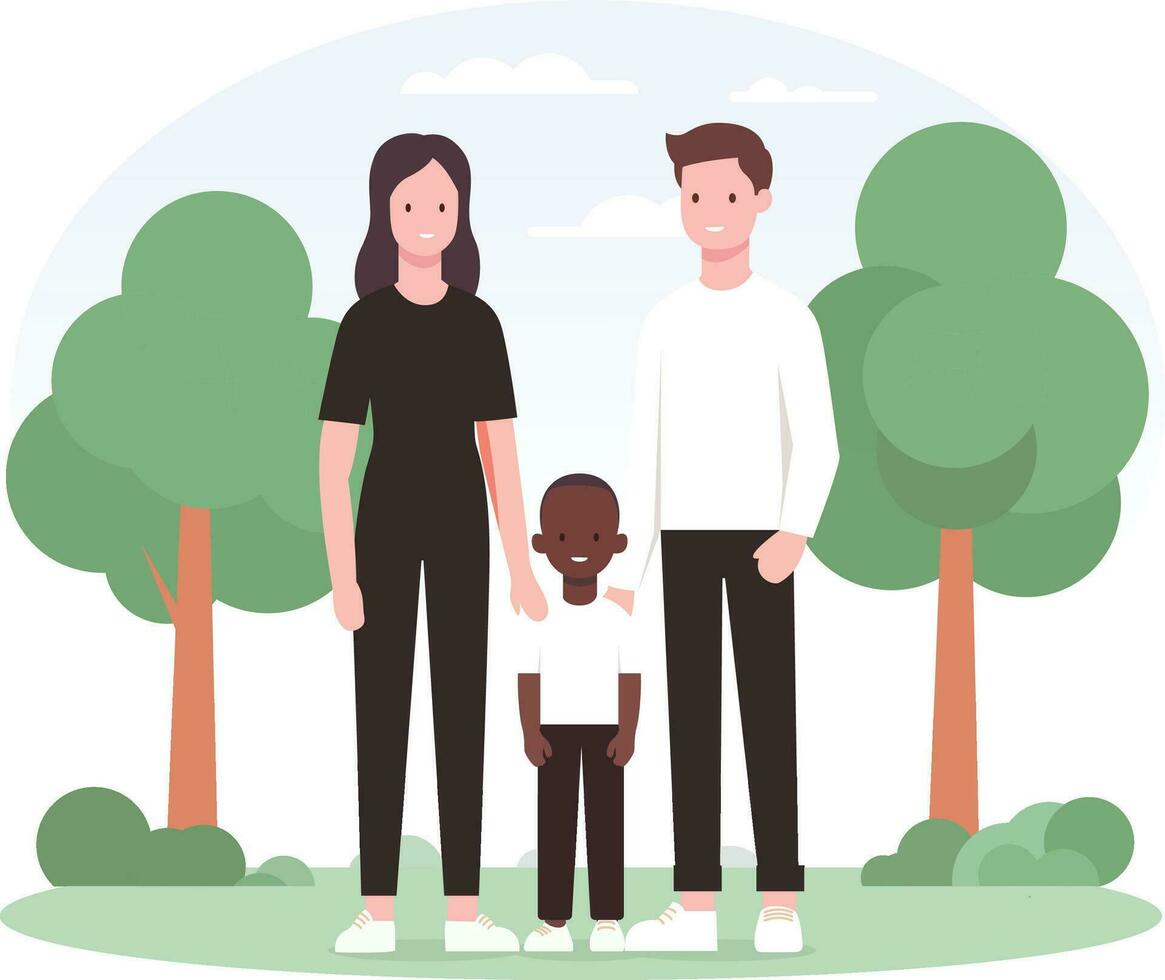 blanco Pareja con un negro niño diversidad y unidad concepto vector ilustración, blanco Pareja con un negro niño familia valores vector imagen