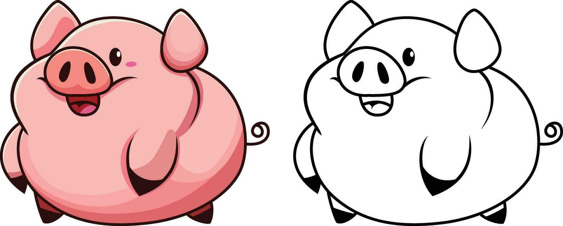 Over weighted fat Pig cartoon vector illustration, pink chubby farm hog, swine , porker colored and black and white line art stock vector image