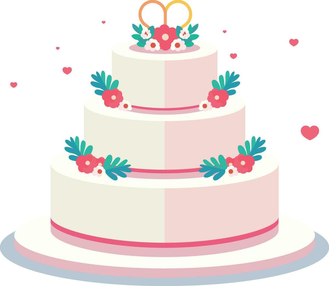 Wedding cake with small hearts around it, flat style vector illustration, Wedding cake with a decoration on top of it, stock vector image