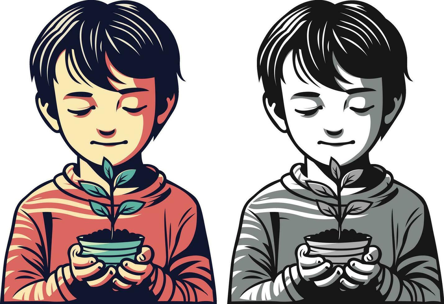 Refugee child, holding a small sapling symbolizing hope, Boy holding a small plant with closed eyes, stock vector image, colored and black and white line art