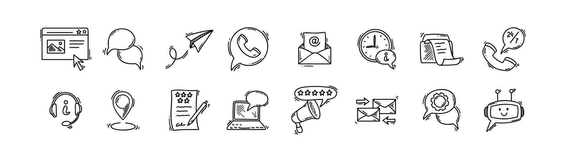 Doodle contact us icons set. Sketch customer support service, communication, help desk, information and client review symbols. Hand drawn cell phone, mail, emal, fax, location, web page  llustartion vector