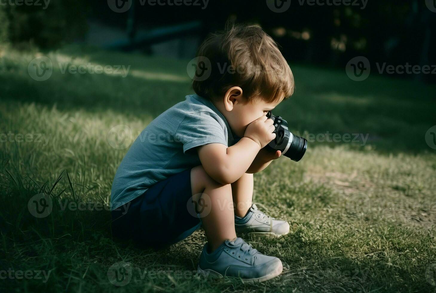 Toddler explore autumn with camera at grass. Generate Ai photo