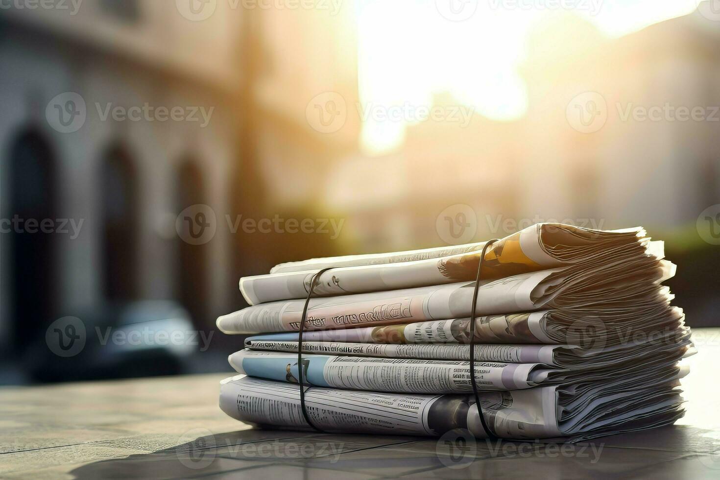 Newspaper folder stack at morning sunrise. Generate Ai photo