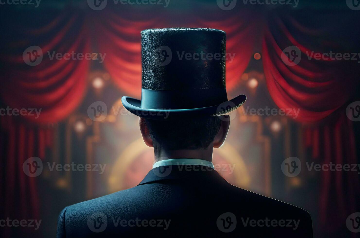 Magician with top hat stage scene. Generate Ai photo