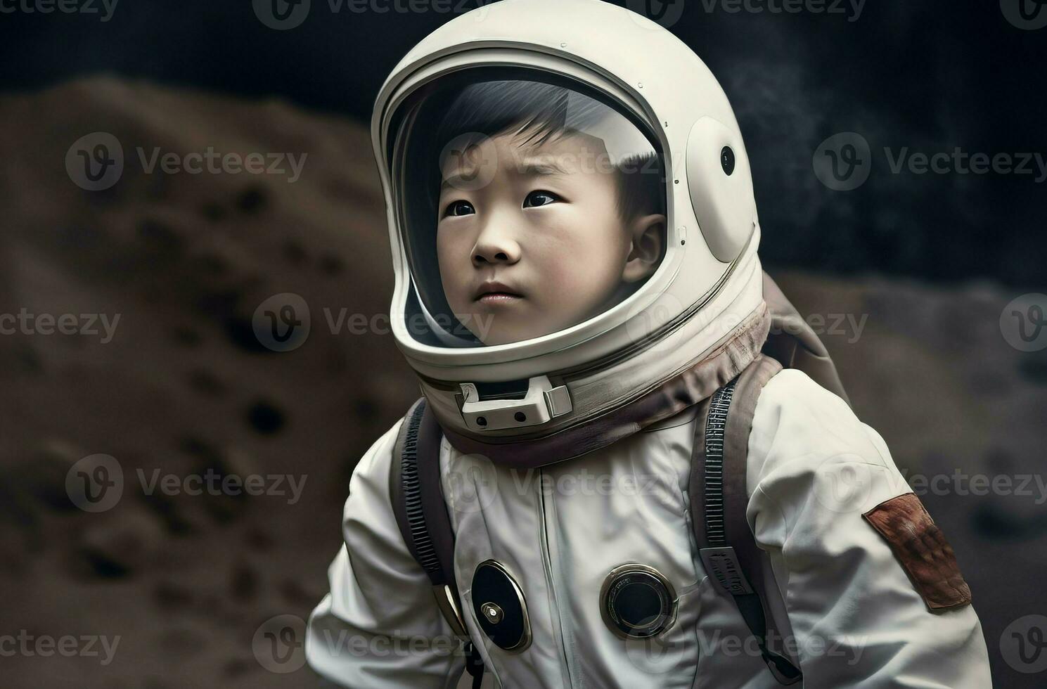 Asian boy dressed space suit cute pilot. Generate Ai photo