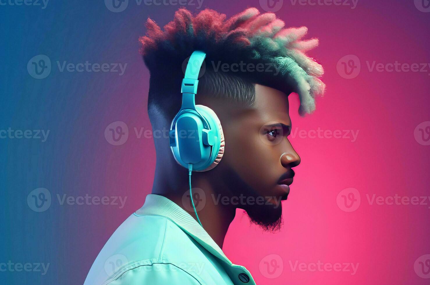 Man fashionable hairstyle with headphones neon background. Generate Ai photo