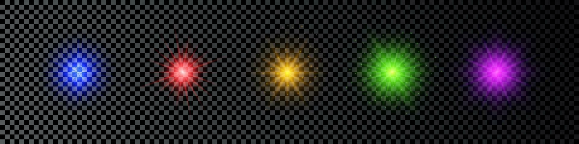 Light effect of lens flares. Set of five multicolor glowing lights starburst effects with sparkles on a dark background. Vector illustration