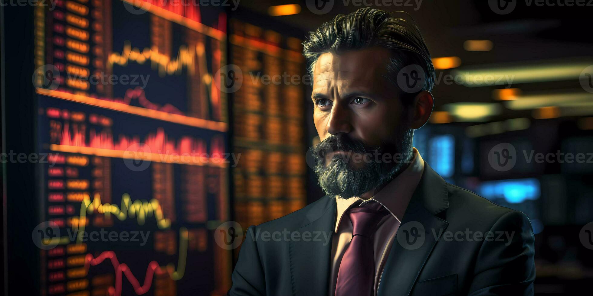 AI Generated Stock Market Trader Working with Multi-Monitor Workstation with Real-Time Investment Charts. Concentrated analyses risks and prospects, rise or fall of cryptocurrency coin. photo