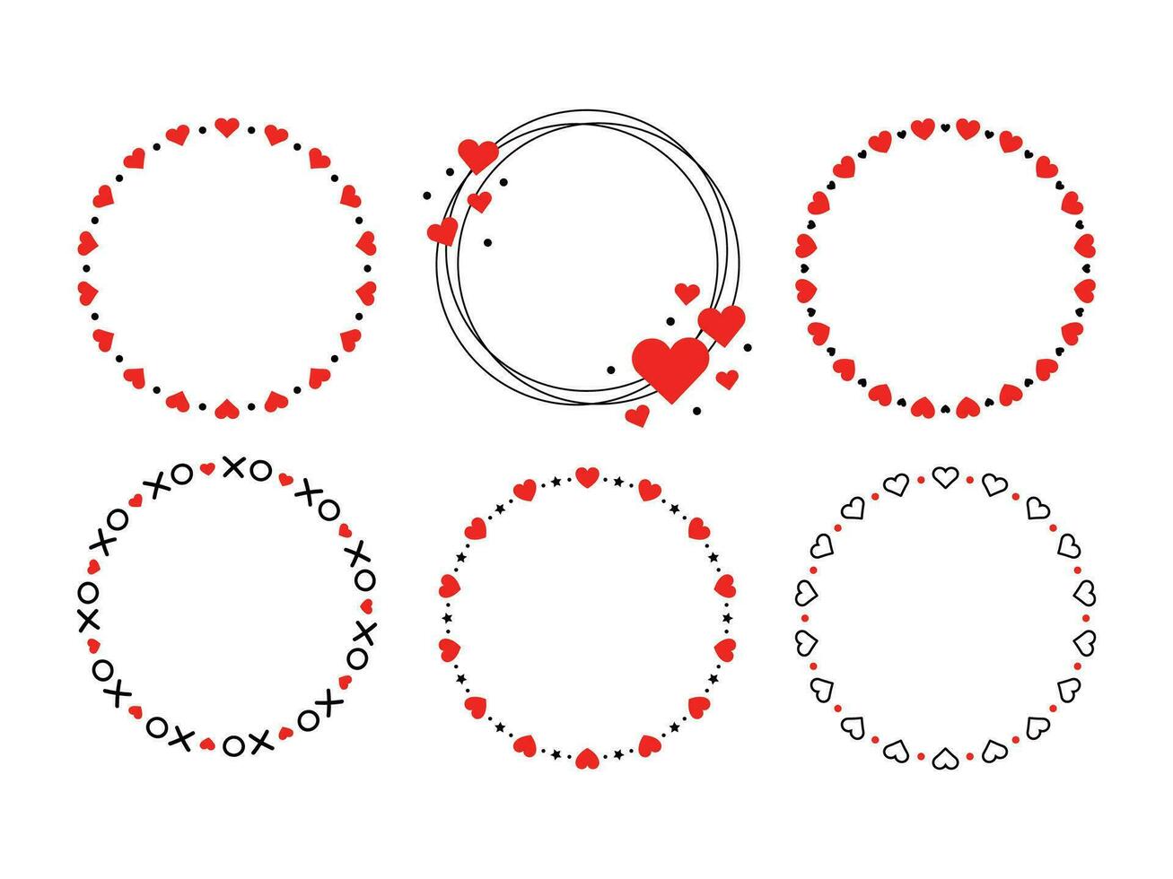 Heart Valentine Frame Set, Red and Black, Romantic, Love, Wedding Theme, Round, Circle Border vector