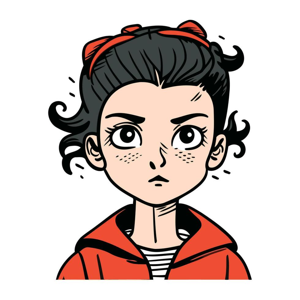 Angry woman. Vector illustration of a girl in a red jacket.