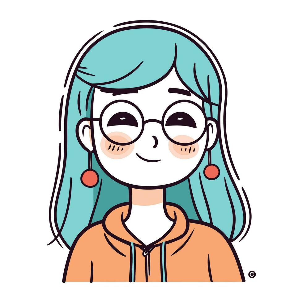 linda dibujos animados niña con azul pelo y lentes. vector ilustración.