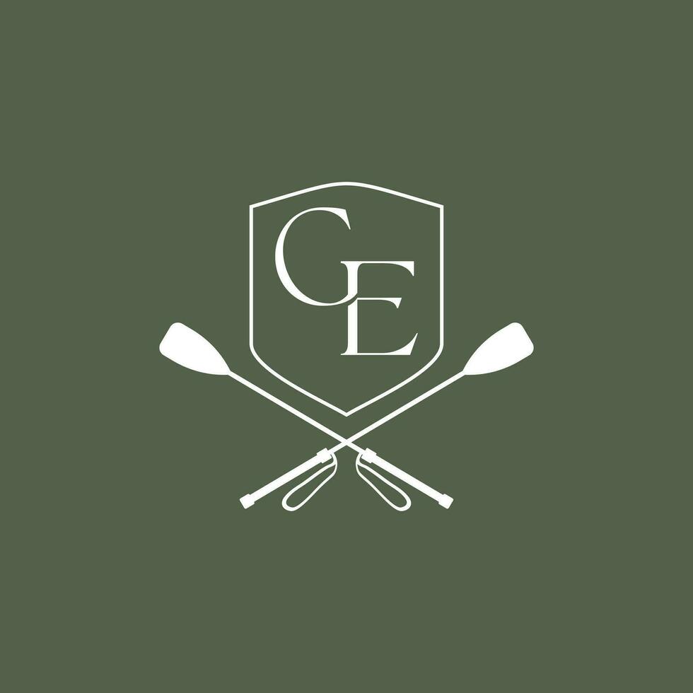 Letter GE with shield and crop jump logo vector