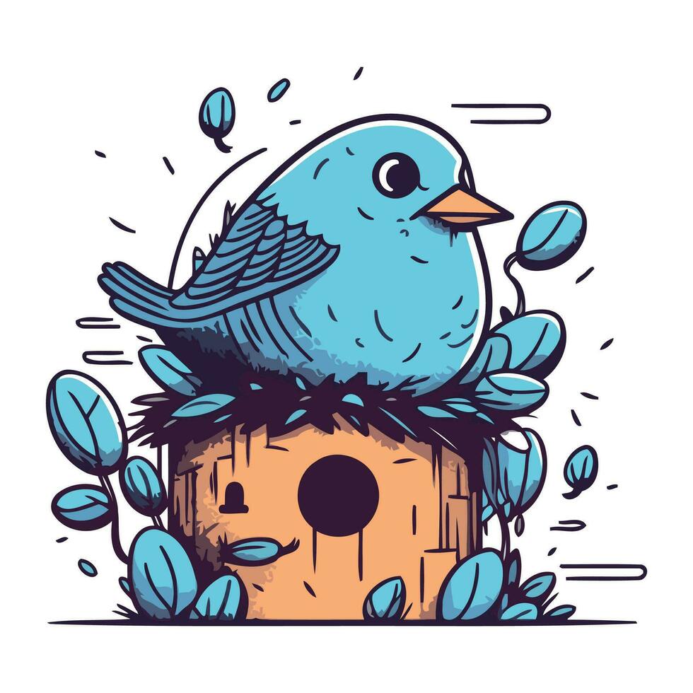 Hand drawn vector illustration of a cute blue bird sitting in a birdhouse.