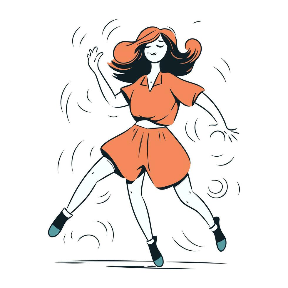 Beautiful girl in a red dress jumping and dancing. Vector illustration.