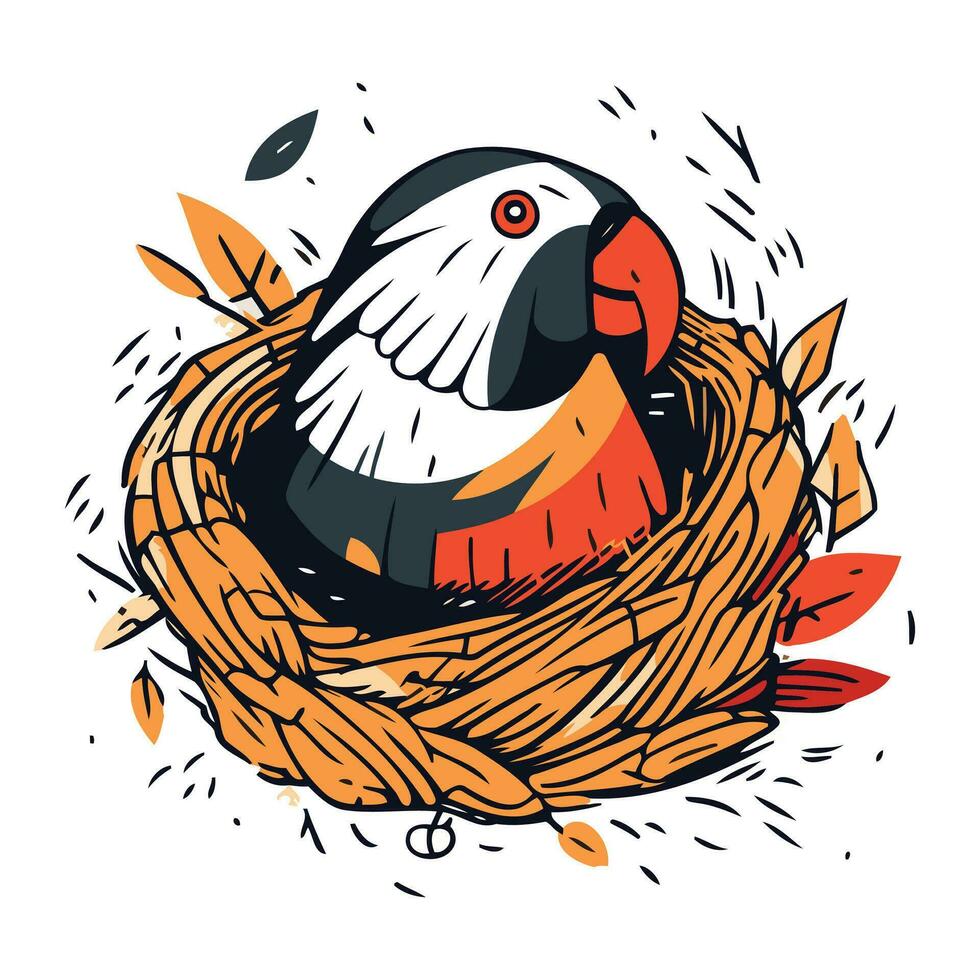 Bird in the nest. Hand drawn vector illustration in sketch style.